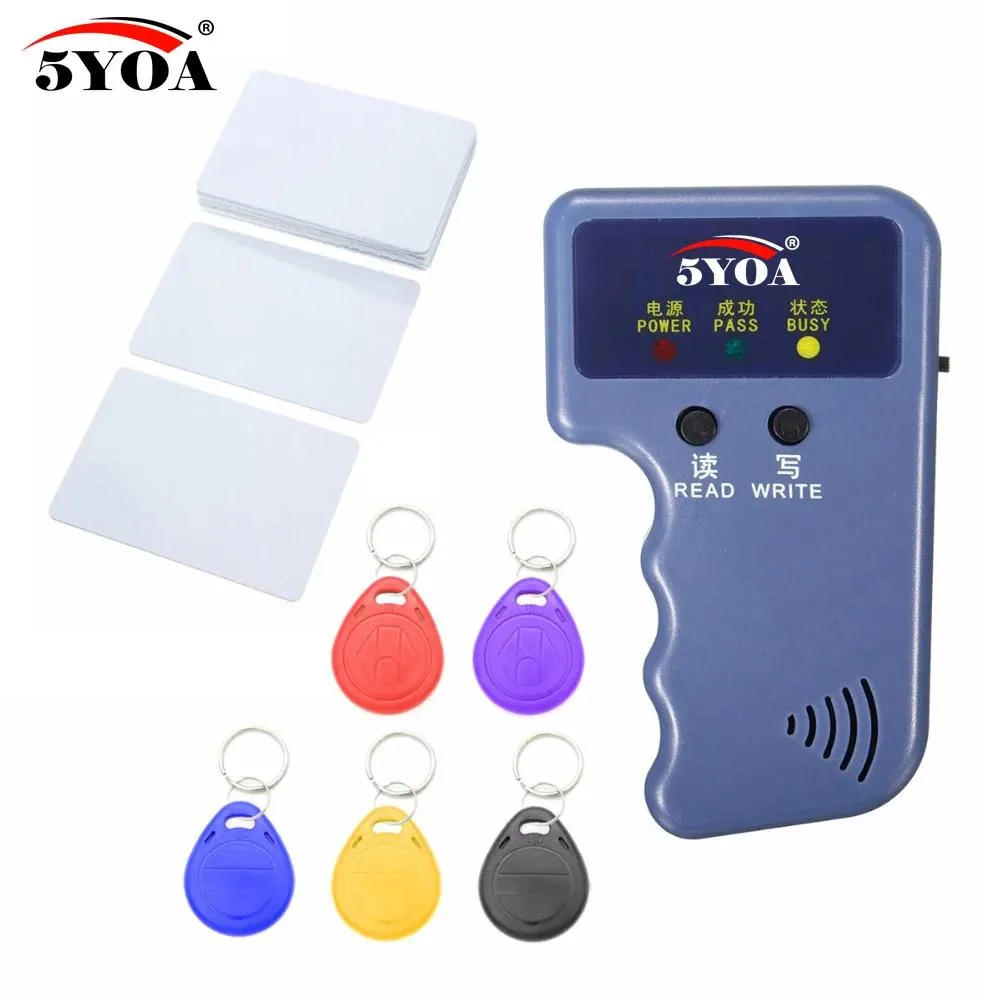 Handheld grey RFID duplicator with buttons and LED lights, 115 by 70 by 30 mm