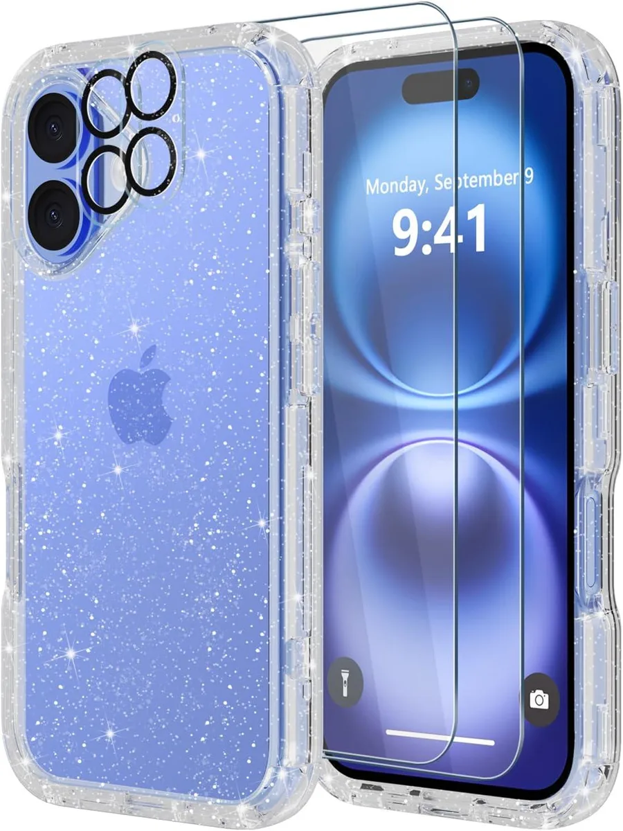Transparent glitter iPhone 16 case with raised bezels and corner air cushions