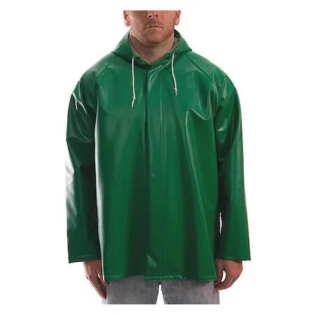 Green flame-resistant PVC rain jacket with attached hood and snap-front storm flap