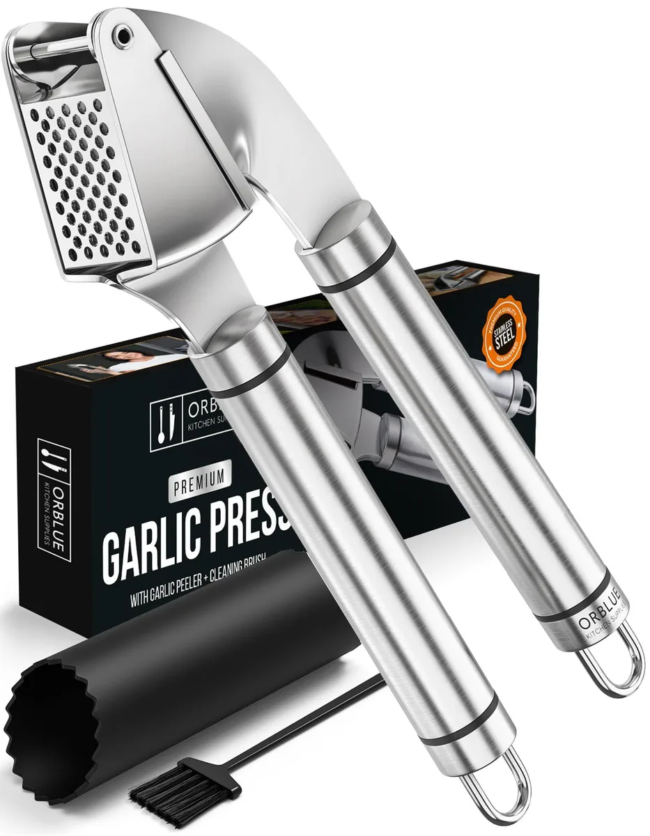  Orblue AK005 Stainless Steel Garlic Press Set Ageless Silver — product photo