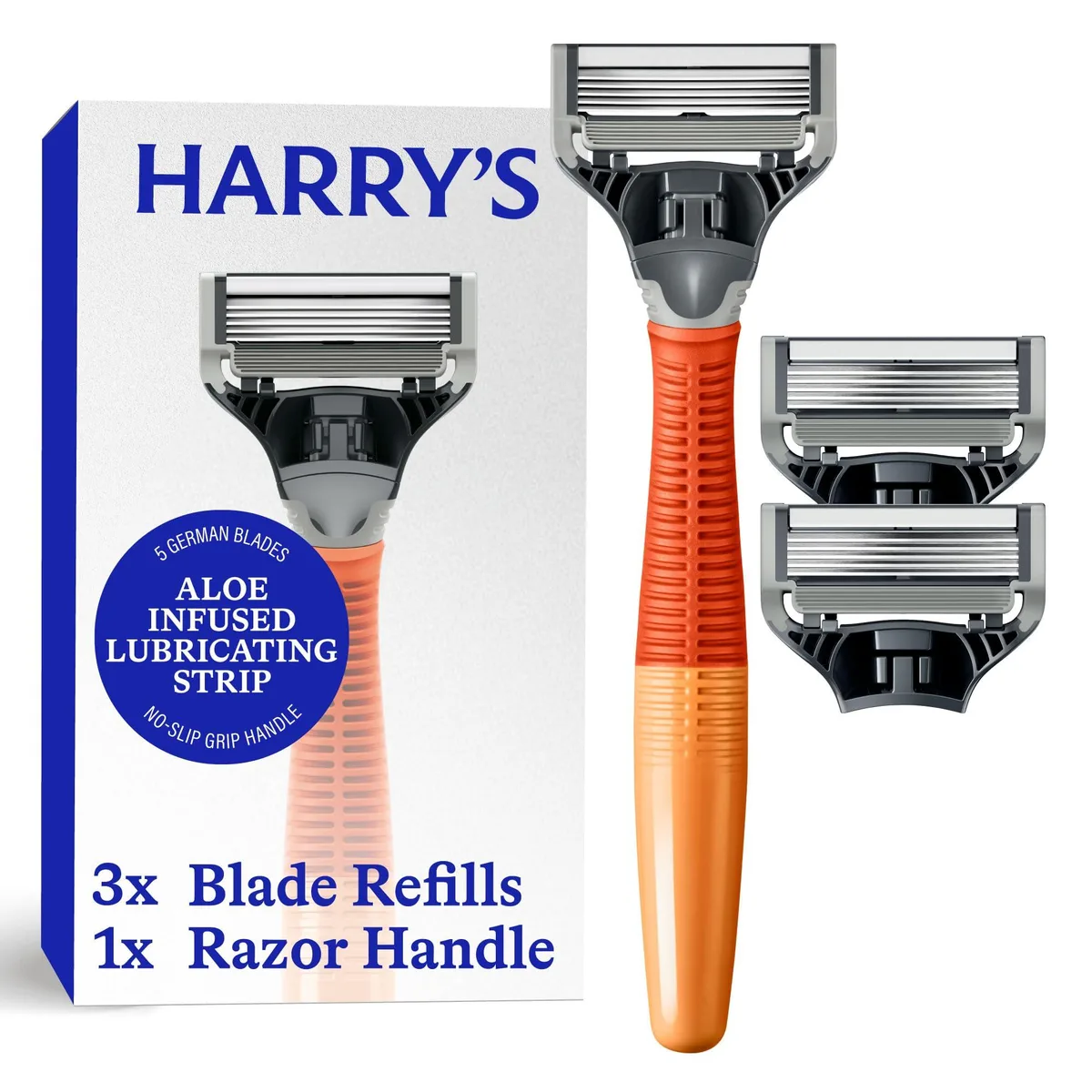 Black cartridge razor handle with five-blade refill cartridges