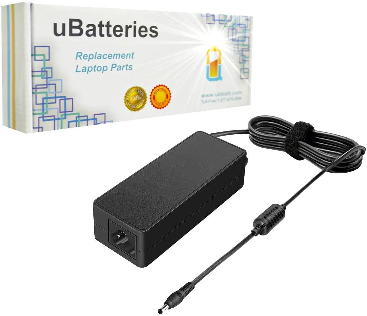 Black rectangular power brick with 5.5 x 2.5 mm barrel connector and detachable three-prong mains cord