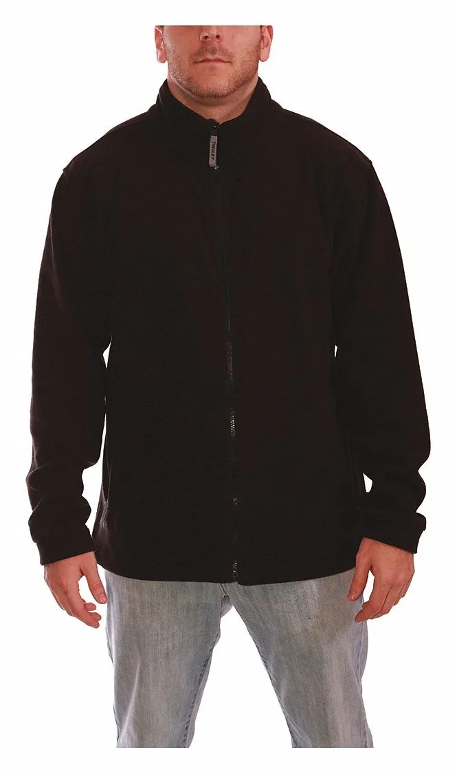 Black polyester nylon work jacket size 3XL with full collar zipper front two outer pockets fleece lining