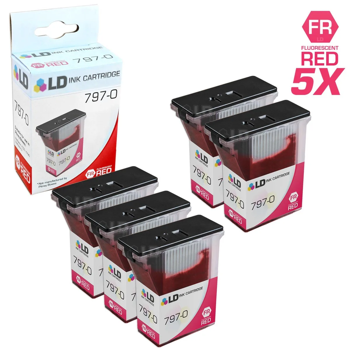 LD Products LD Products 797-0 Fluorescent Red Inkjet Cartridges Set of 5 for Pitney Bowes MailStation K700 — product photo