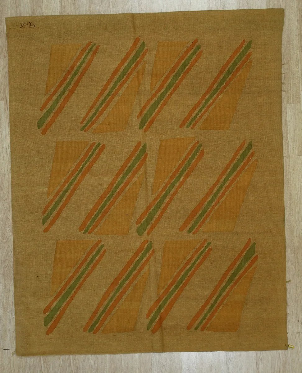 Handwoven wool beige flat-weave rug with kilim pattern, surged edges, low pile, 100% wool