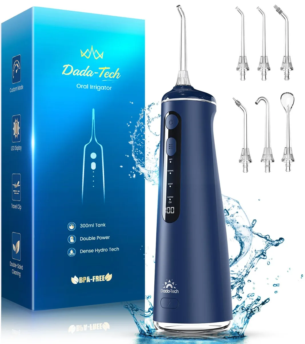 Blue cordless water flosser with 300ml tank and seven nozzles