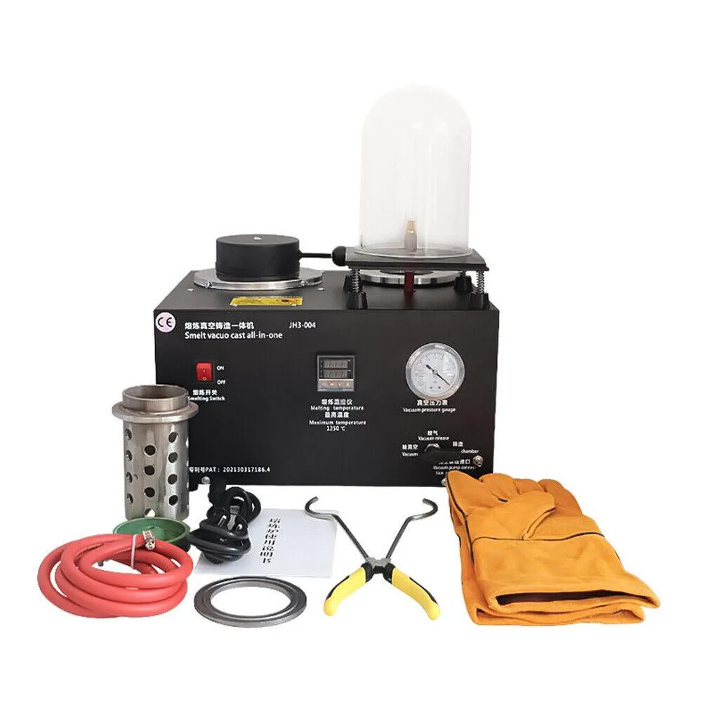 Compact silver metal casting machine with black vacuum hood and pressure gauge on top