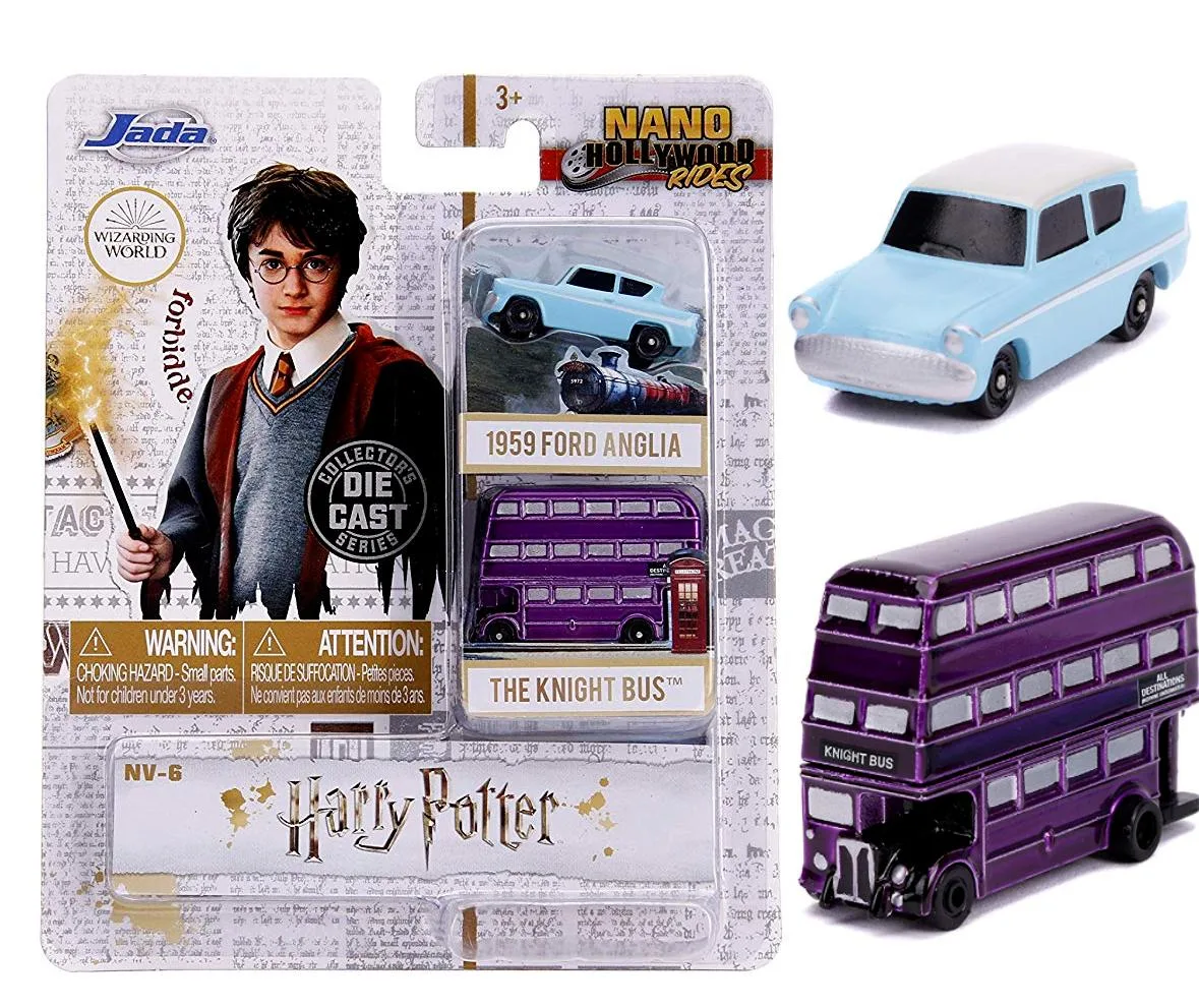 Jada Jada Harry Potter Nano Hollywood Rides 2pc Set Knight Bus Purple Ford Anglia Light Blue 1.625in — product photo