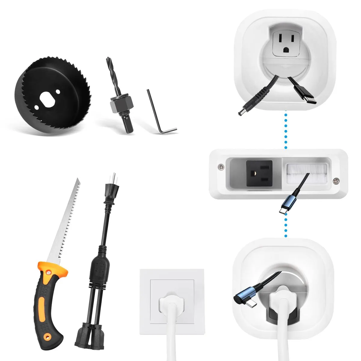 Black metal in-wall cable kit with drywall saw and hole saw blades