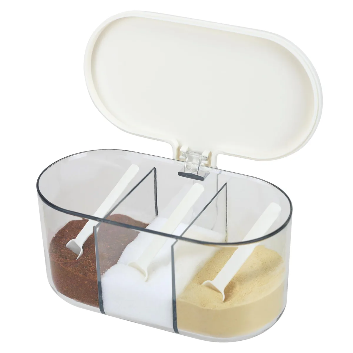 Red silicone seasoning box with three divided 250ml compartments clear body integral lid and spoons