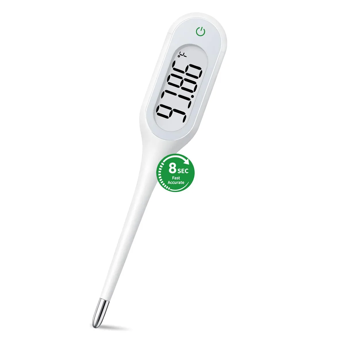 White digital basal thermometer with soft silicone tip and stainless-steel probe