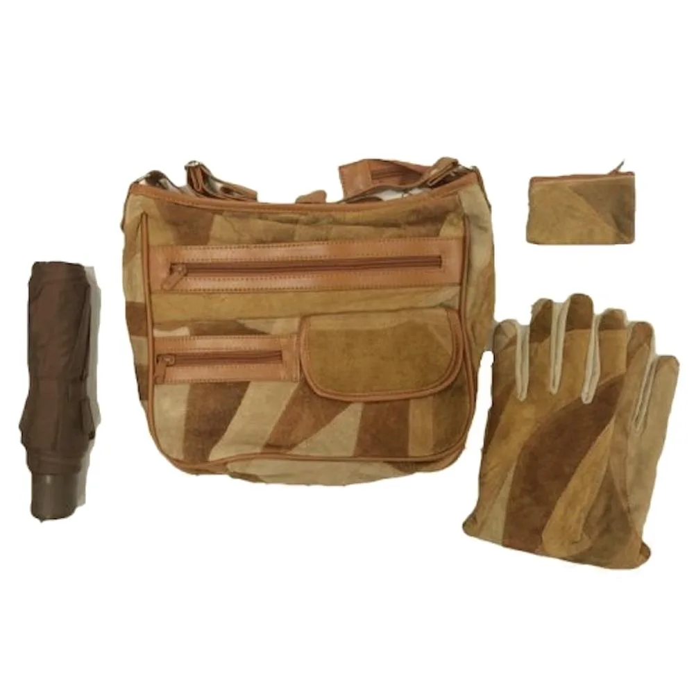 Brown suede gloves, medium size, patchwork texture