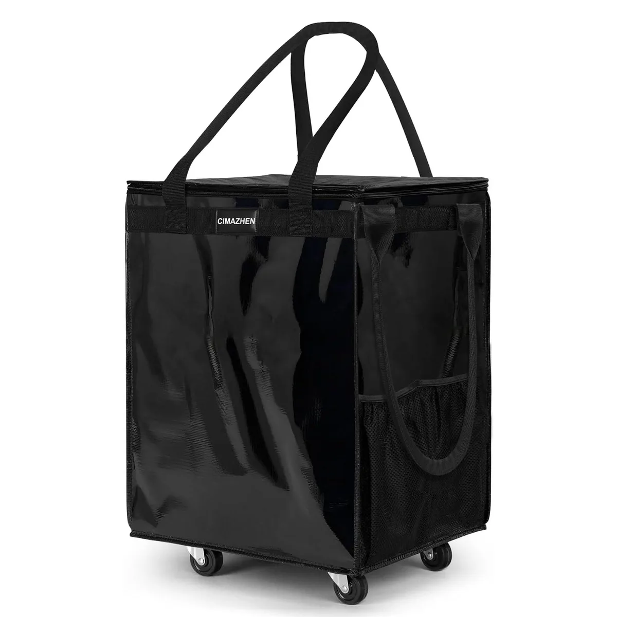 Black foldable rolling tote on four wheels with zippered top and three handles