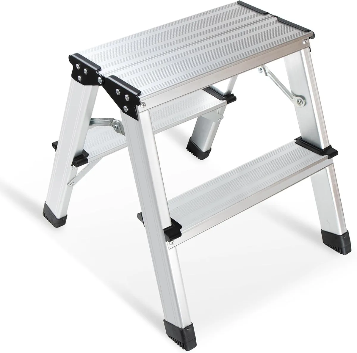 Silver aluminium two-step folding ladder, open position showing wide pedals and safety bars