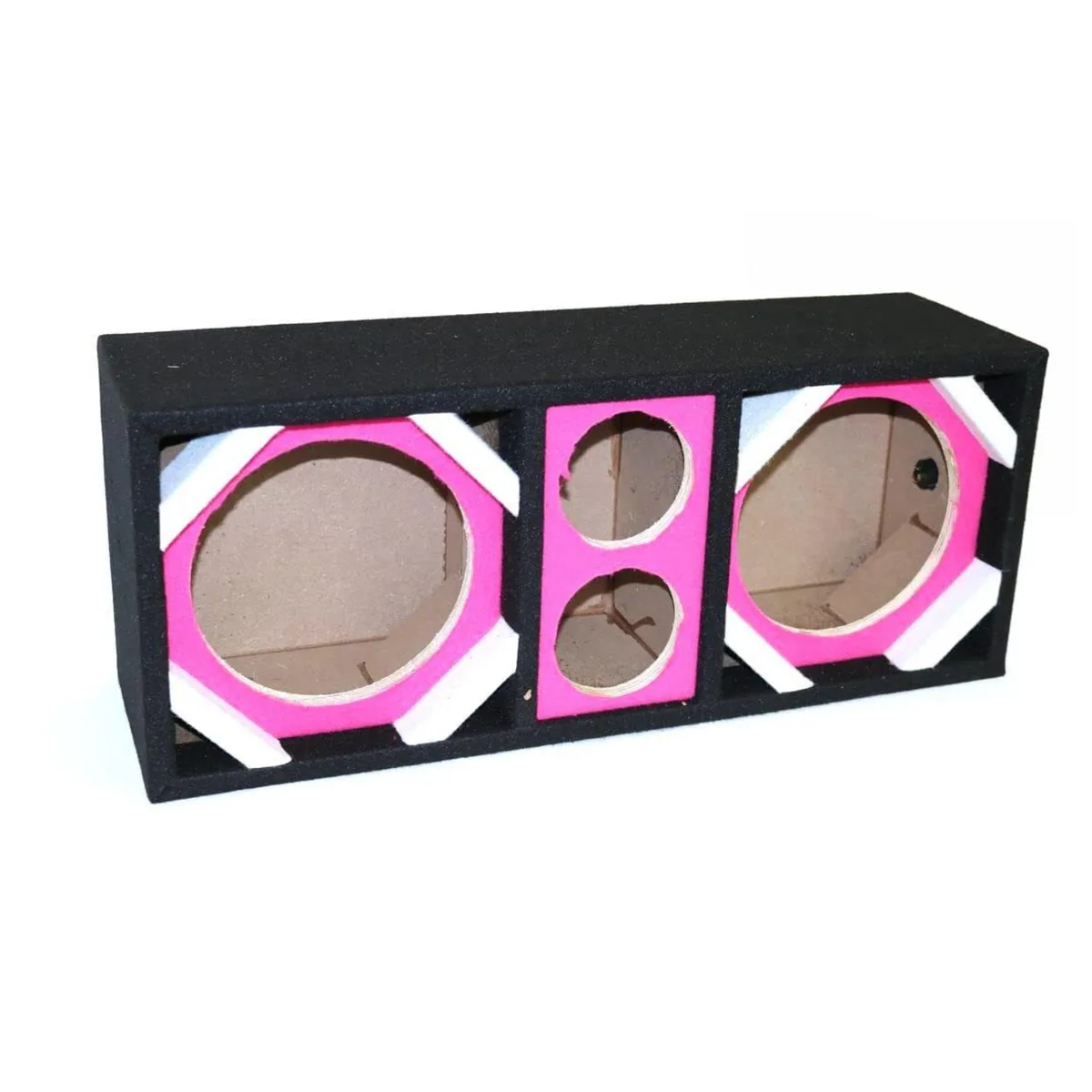 Pink speaker enclosure with two 8-inch woofers and two tweeters