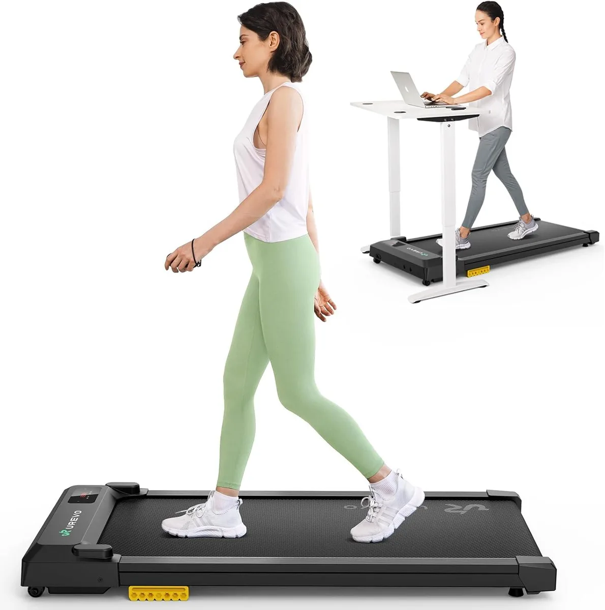 Low-profile walking pad with dark running belt and side rails