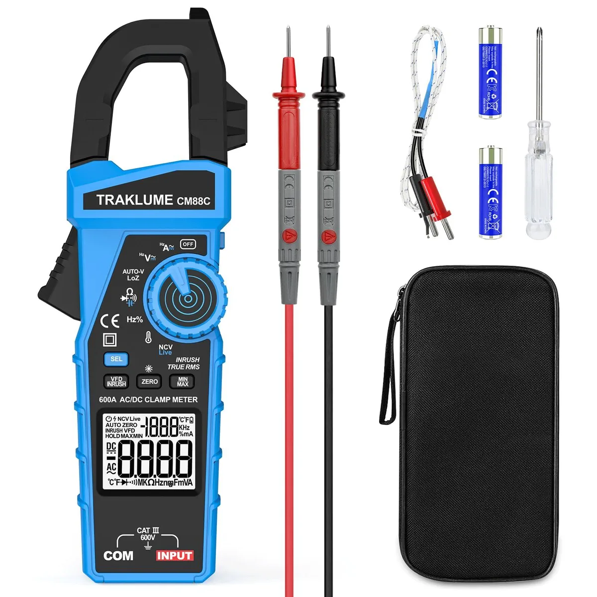  TRAKLUME Clamp Meter Multimeter 600A AC/DC TRMS 6000-count 1.18" jaw — product photo