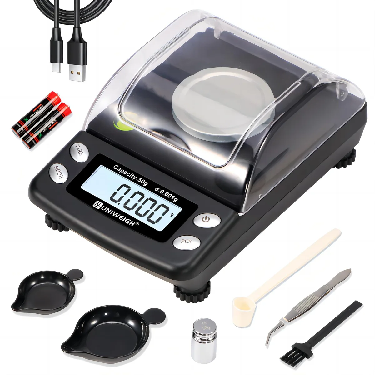 Compact white digital milligram scale with LCD display, wind shield, and USB port