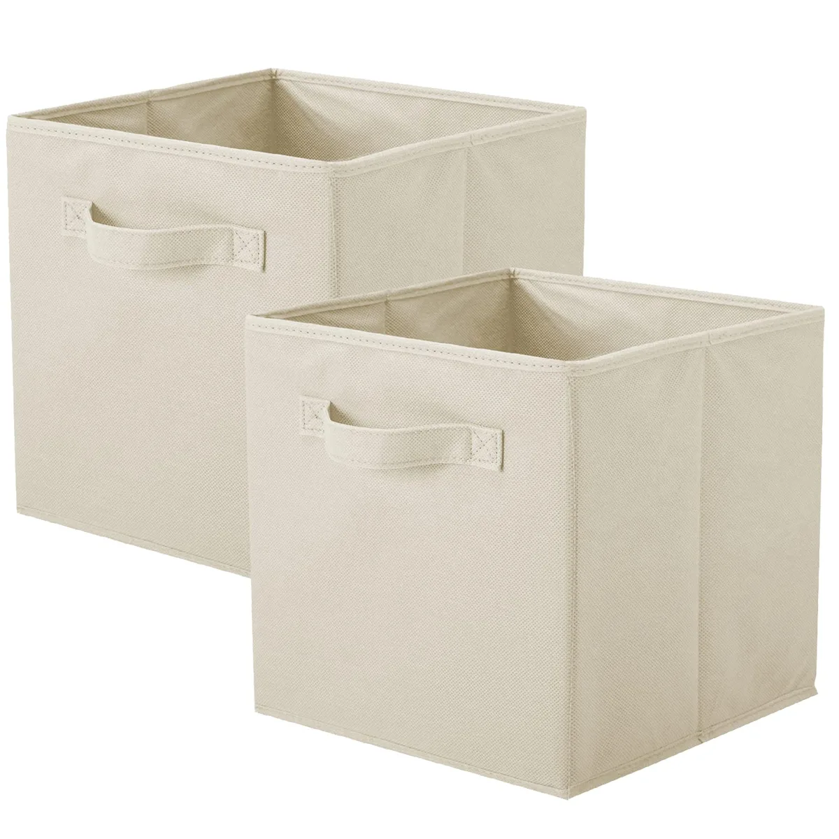 Two beige fabric storage cubes with side handles, folded flat