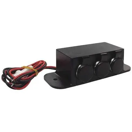 Black rectangular 12 V power strip with three lighter sockets and screw mount holes