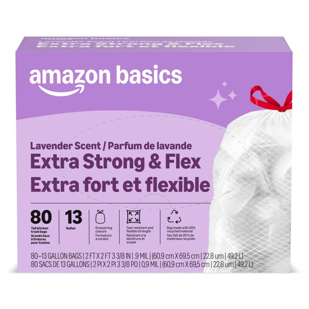 White 13-gallon drawstring trash bags in rectangular box, 80 count, .9 mil thickness