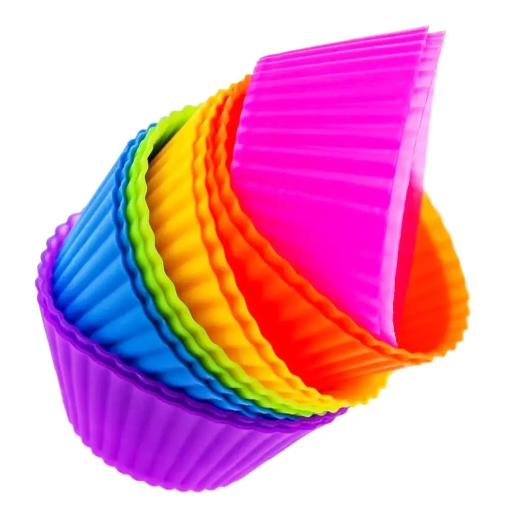 Twelve multicolour silicone baking cups, 2.68 inches wide, flexible non-stick finish