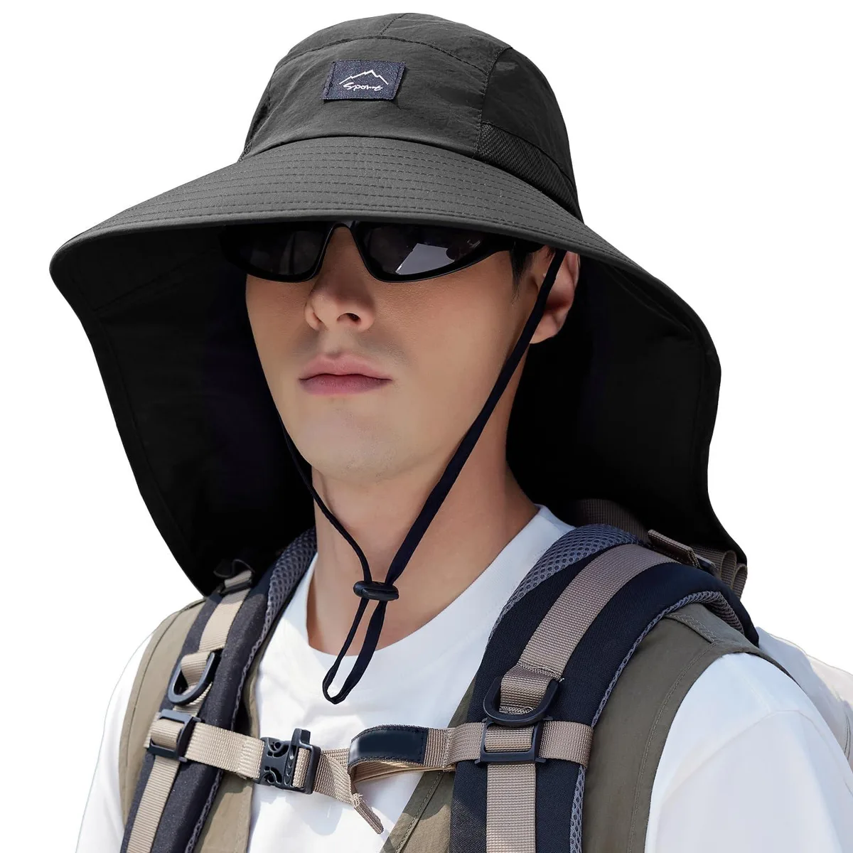 Black polyester wide-brim hat with mesh sides, neck flap and adjustable drawstring