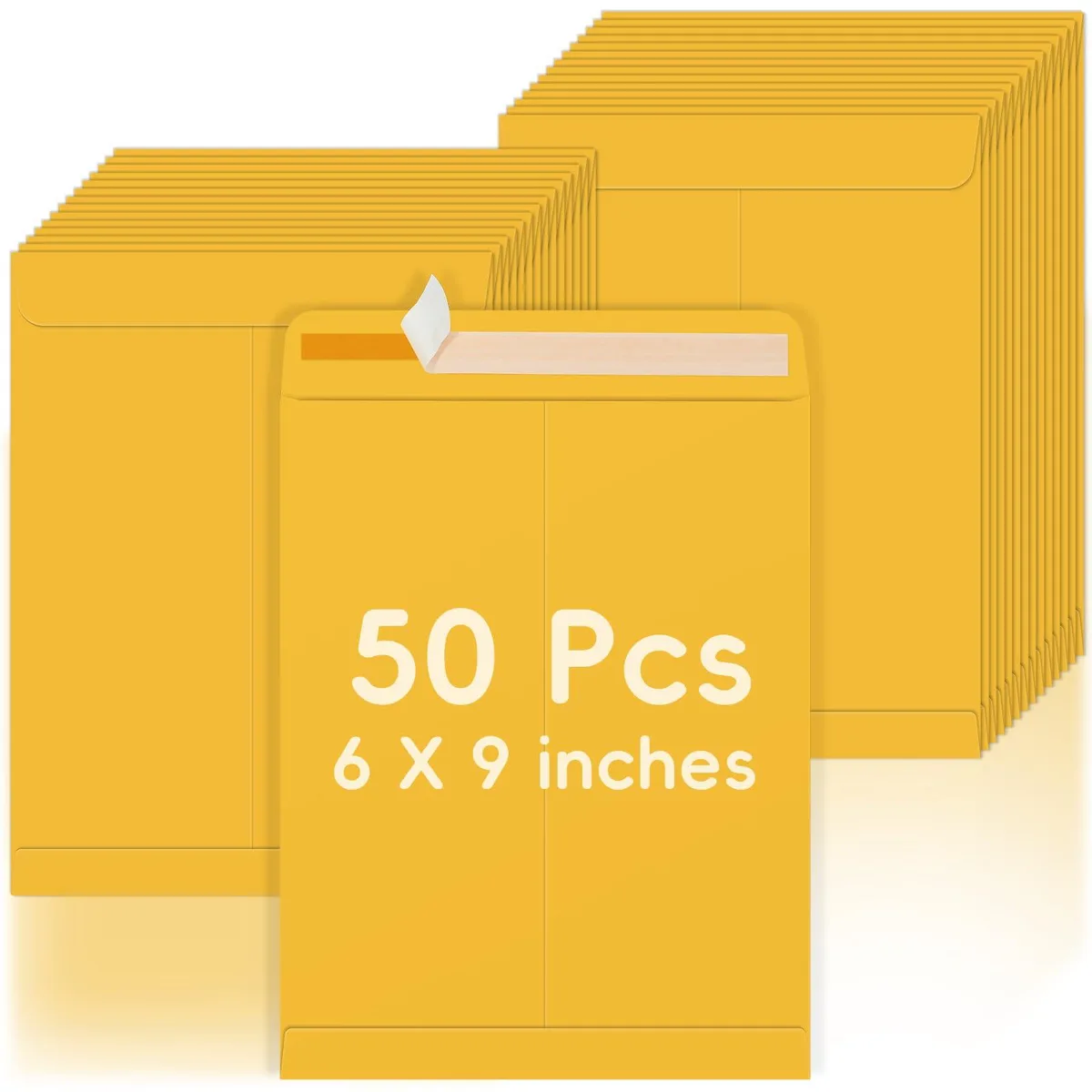 A stack of fifty brown kraft envelopes, self-seal flap visible, flat rectangular shape