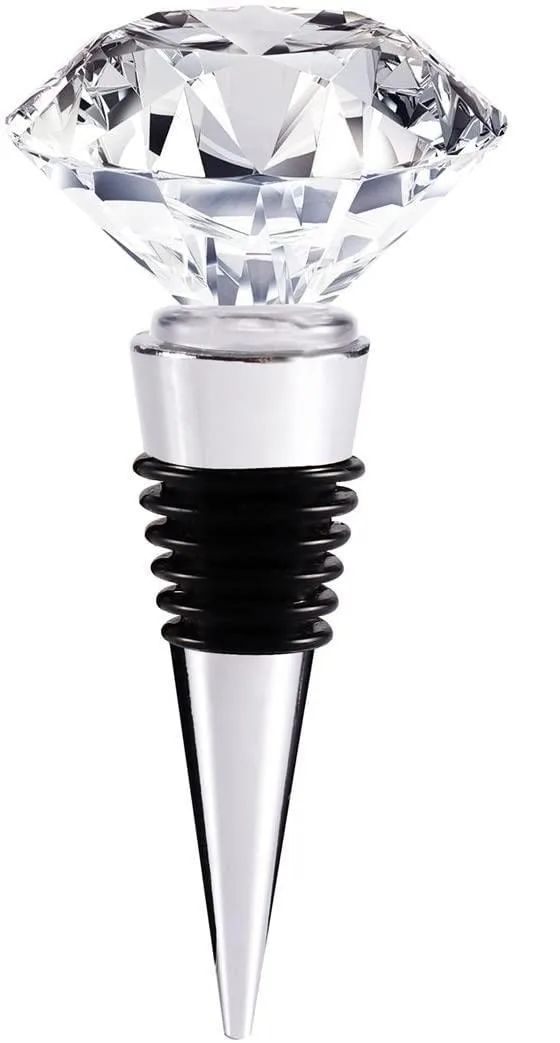 Crystal diamond wine stopper, zinc alloy and glass, 3.8 cm diamond top, 9.7 cm overall length