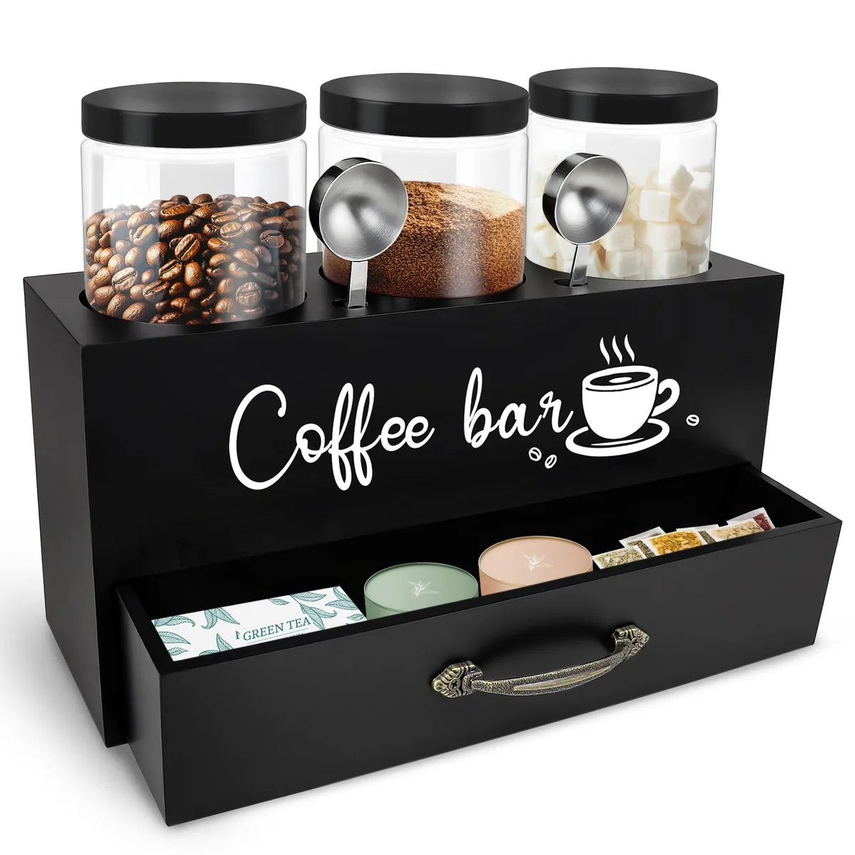 Black wooden shelf unit with three round airtight jars and a drawer