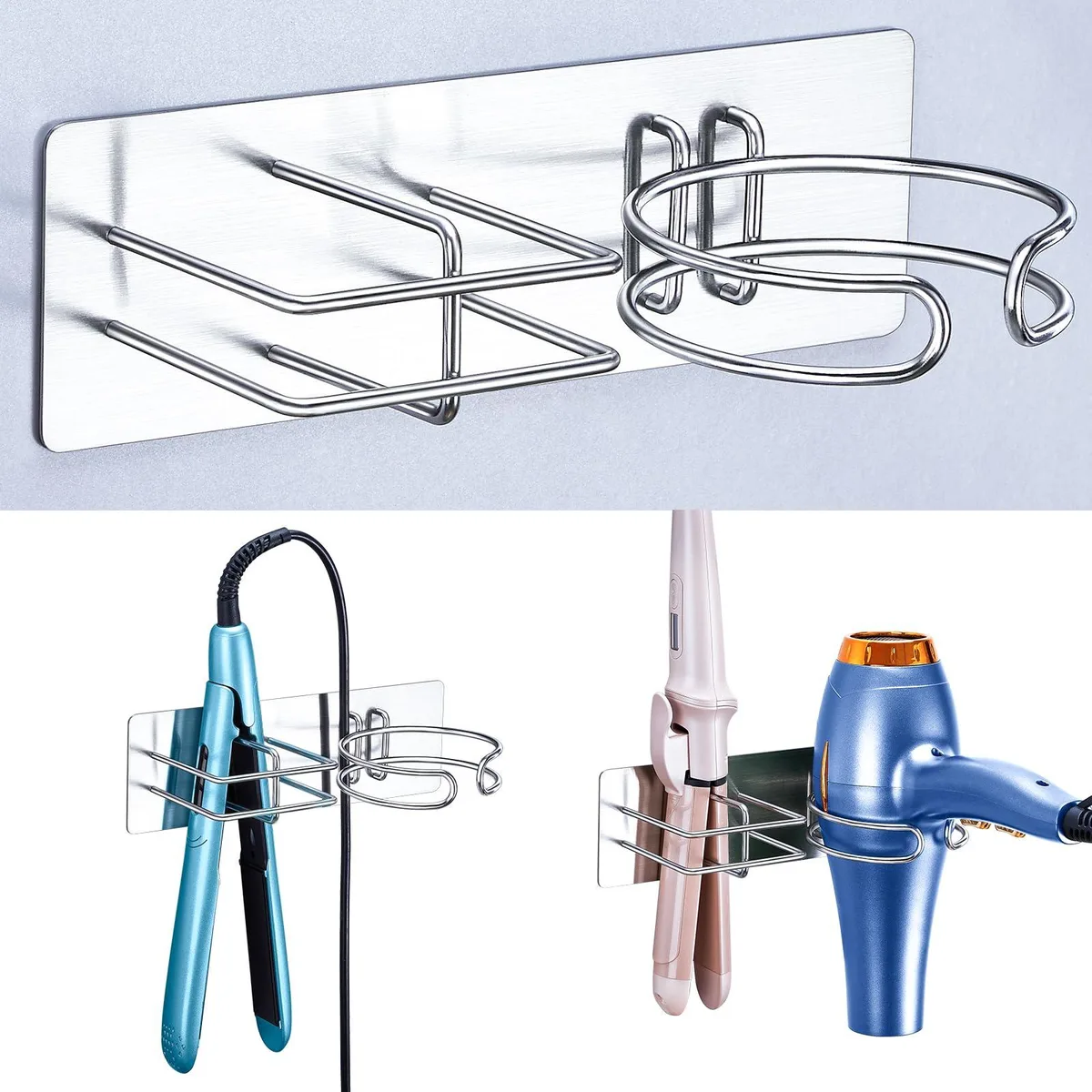 Silver metal wall-mounted holder for hair dryer and straightener, self-adhesive, partitioned slots