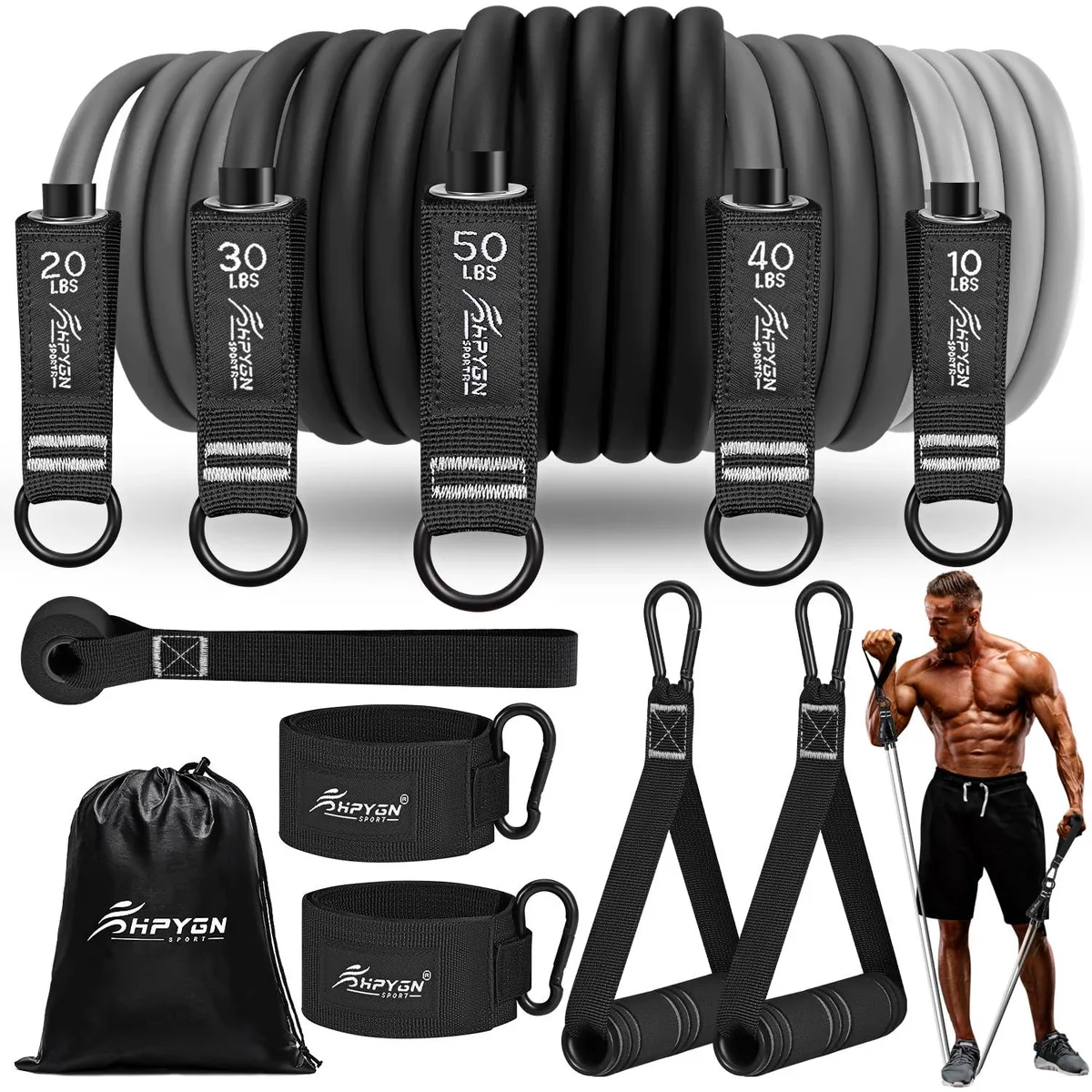 Five colour-coded latex tubes with handles, door anchor, ankle straps and carry bag