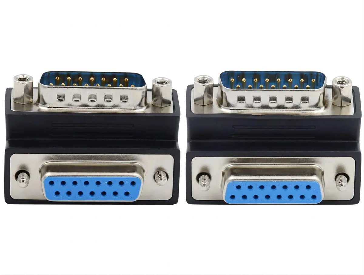 Two DB15 angled adapters, one up one down, metal D-shaped shells