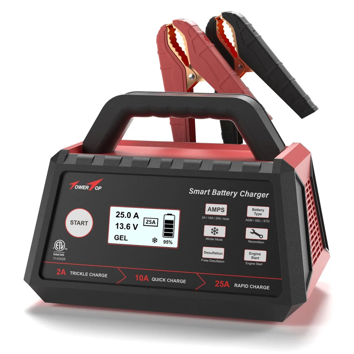 Black rectangular 12V smart battery charger with clamps and display