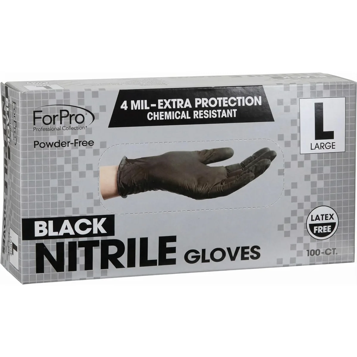 Black nitrile disposable gloves in a dispenser box, textured palm, 100-count
