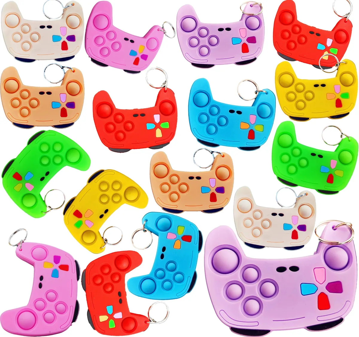 Twenty-four silicone game-controller keychains in mixed colours, each with poppable bubble buttons