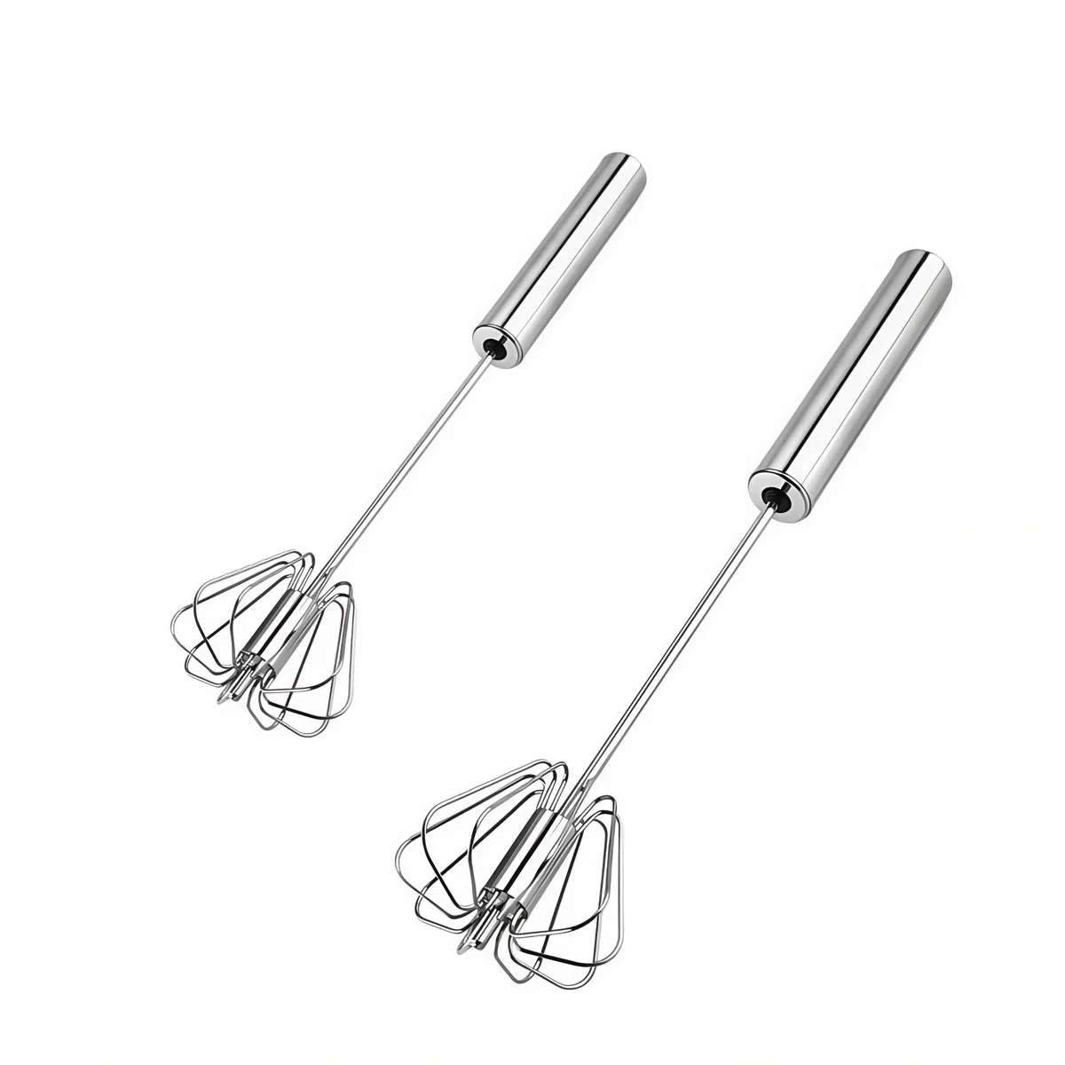 Two stainless steel push whisks, 10 and 12 inches, silver finish