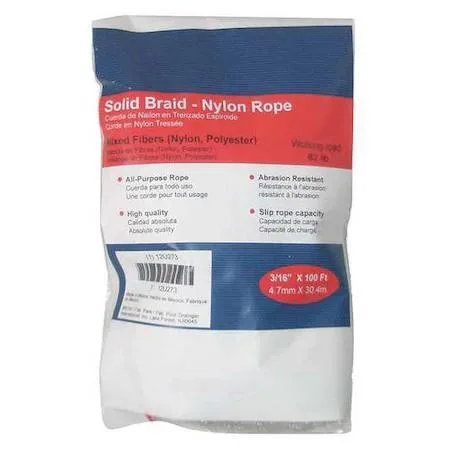 Coiled braided nylon rope, 3/16 inch diameter, 100 feet length, in a bag