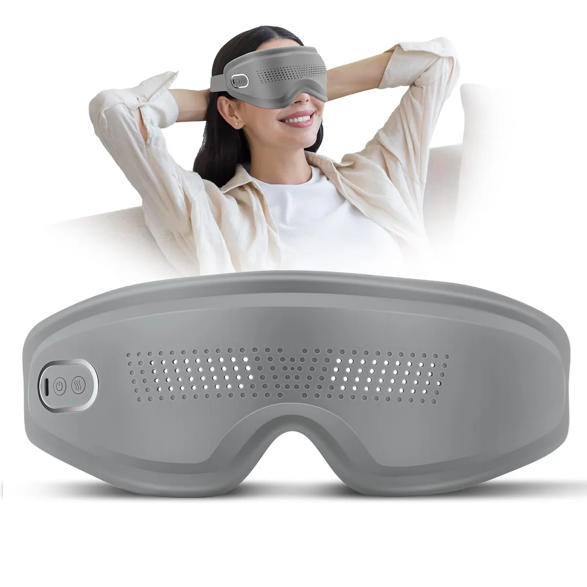 Grey silicone eye mask with curved frame, vision window and massage nodes