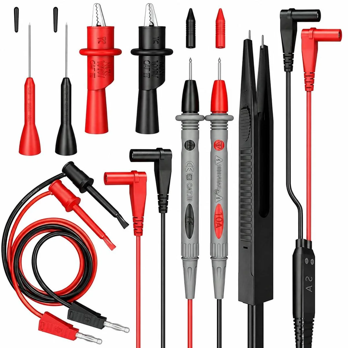 Multimeter test leads kit with gold probes, alligator clips and banana plugs