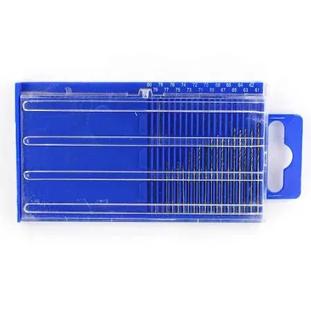 Black 20-piece micro drill bit set in dispensing box, sizes 61 to 80