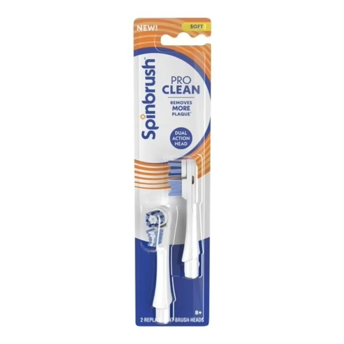 White Spinbrush Pro Clean replacement brush heads with soft bristles in recyclable carton