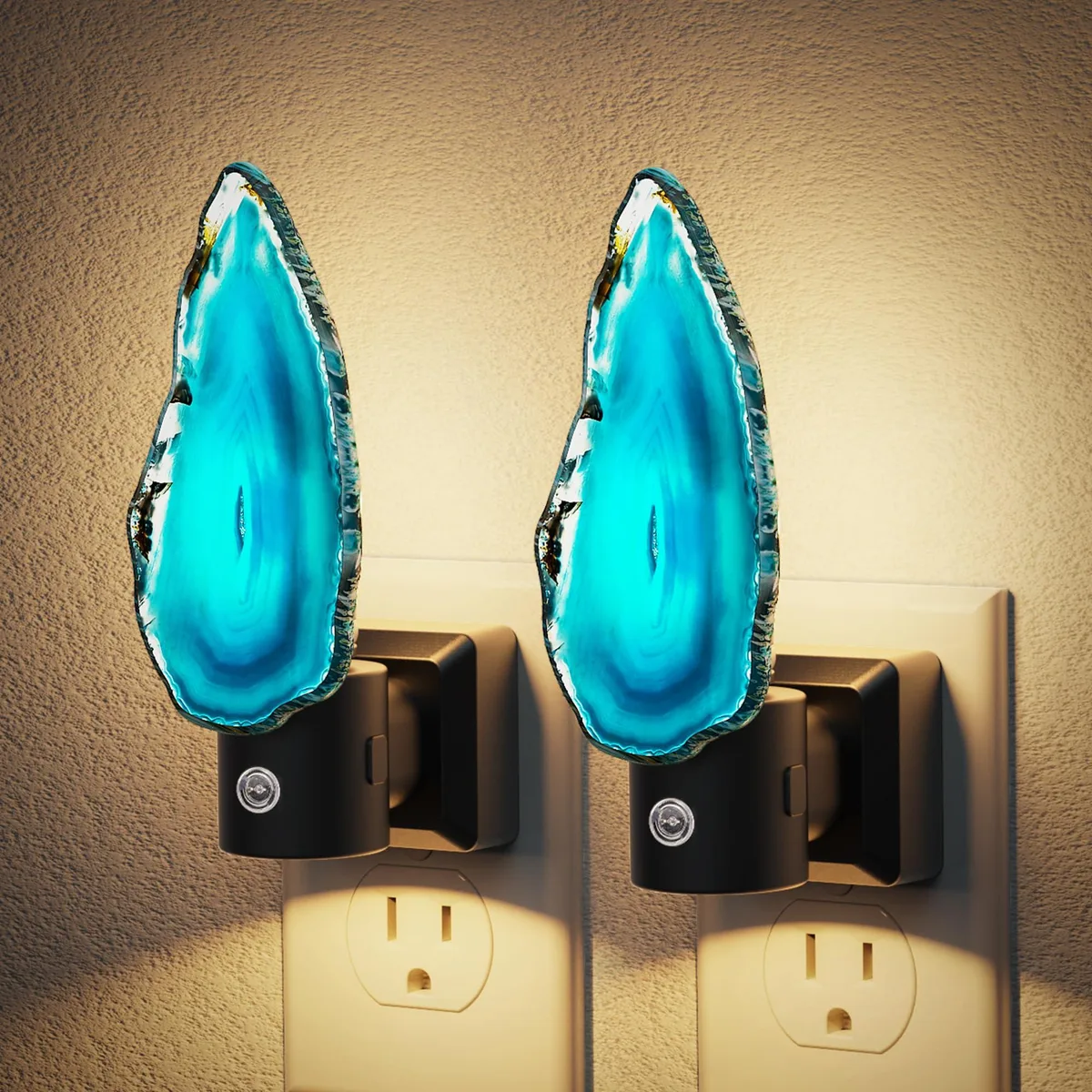Two plug-in night lights with natural agate slices, white plastic bodies, 350° rotating plugs