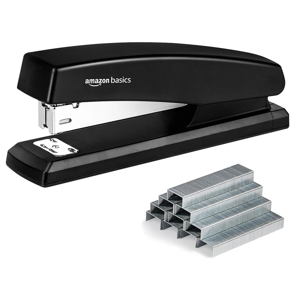 Black desktop stapler with rubber base and 1000 staples included