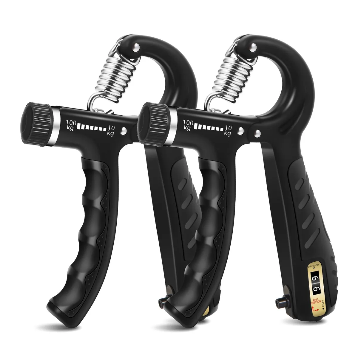 Two black adjustable hand grippers with stainless steel springs and textured handles