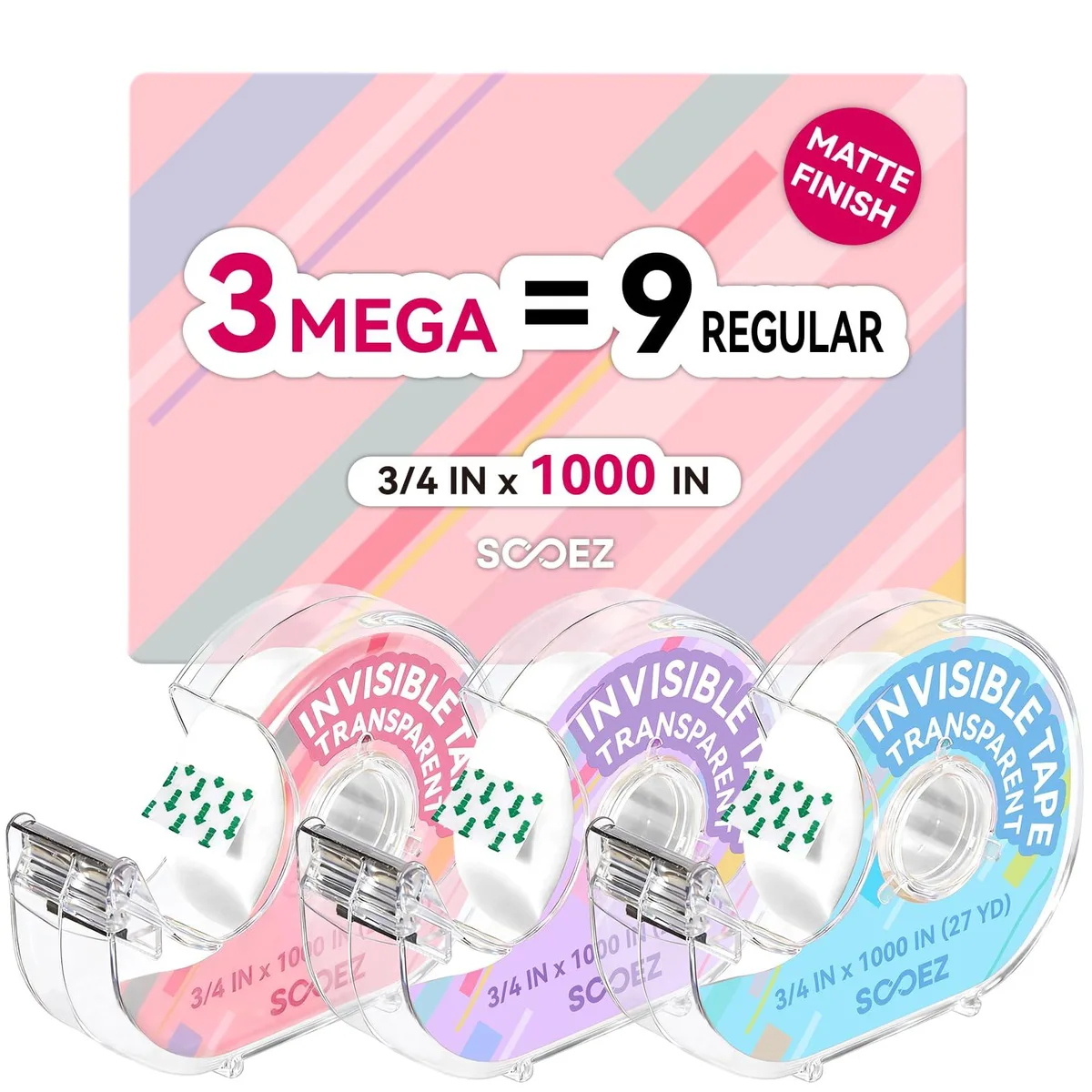  Sooez Invisible Tape 3/4 x 1000 in 3 Mega Rolls with 3 Dispensers — product photo