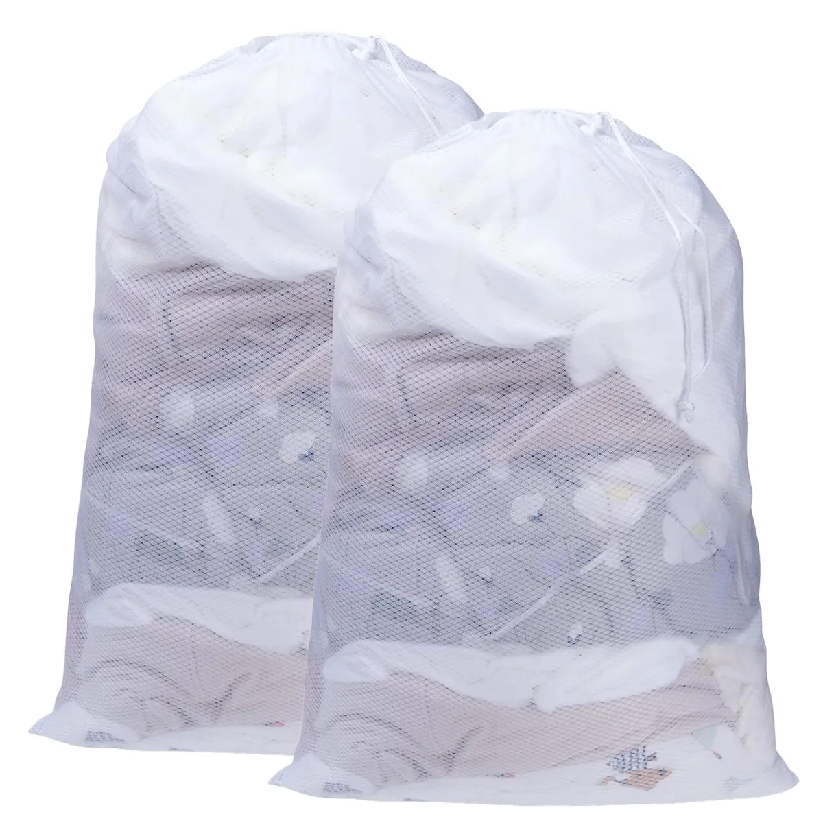 Two white mesh laundry bags with drawstring closures, folded flat