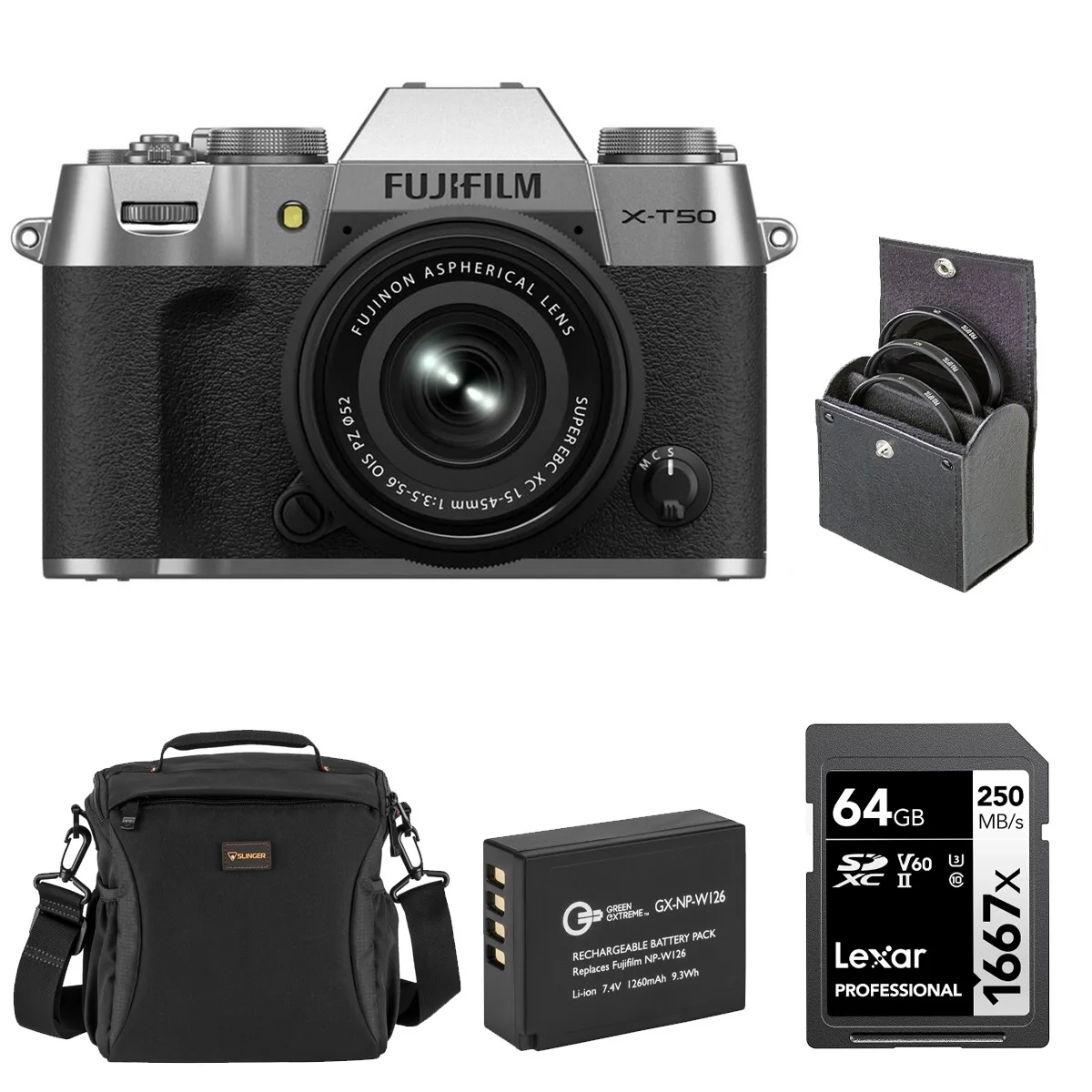 FUJIFILM FUJIFILM X-T50 Silver Kit with XC 15-45mm Lens, Battery, 64GB Card, 52mm Filters — product photo