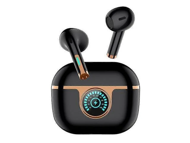 Black wireless earbuds in a compact charging case with LED display
