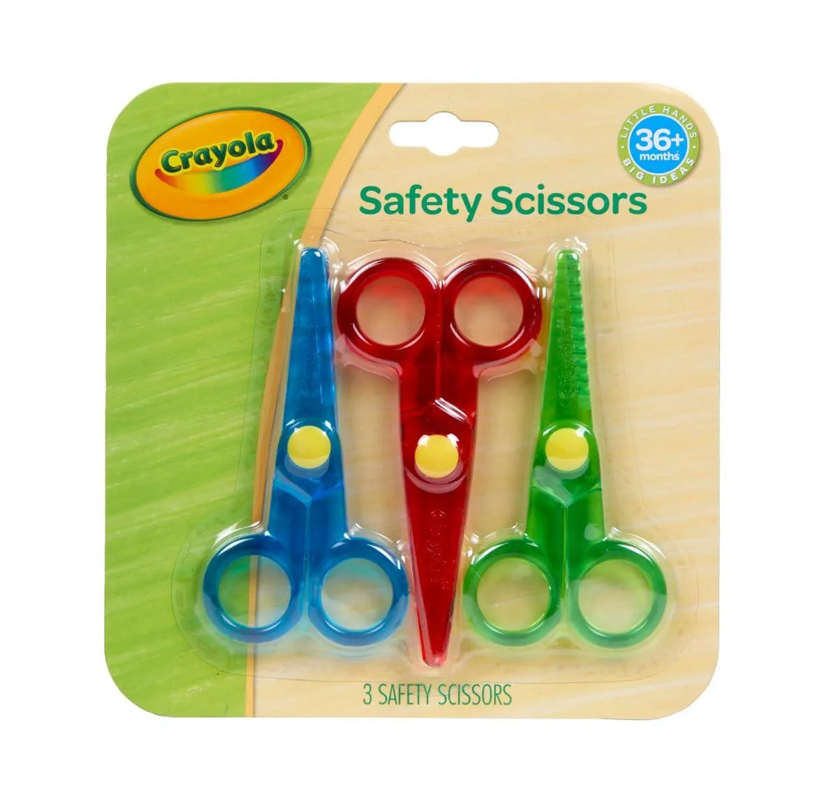 Three plastic safety scissors with straight wavy and zigzag blades assorted colours blunt tips